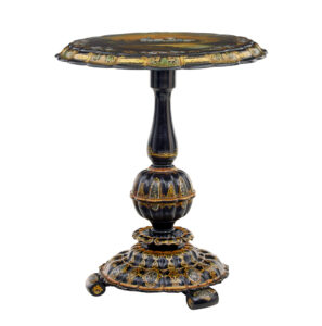 19TH CENTURY PAPIER MACHE AND PAINTED MOTHER OF PEARL INLAID TILT-TOP TABLE