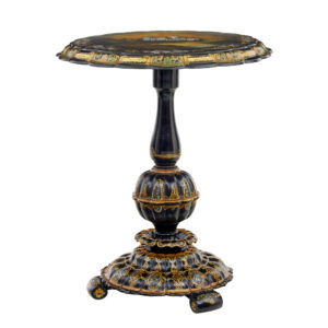 19TH CENTURY PAPIER MACHE AND PAINTED MOTHER OF PEARL INLAID TILT-TOP TABLE