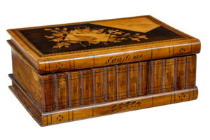 DECORATIVE 19TH CENTURY BOOK SHAPED INLAID OLIVE BOX