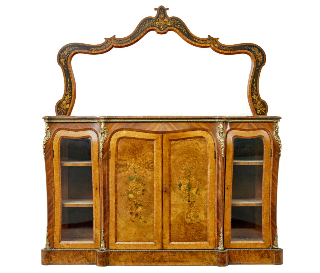 High Victorian Inlaid Burr Walnut Credenza with Mirror