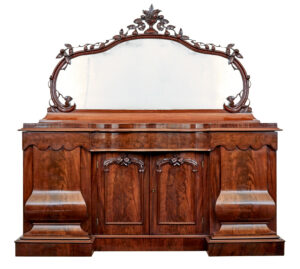 HIGH VICTORIAN SHAPED FLAME MAHOGANY MIRRORED SIDEBOARD