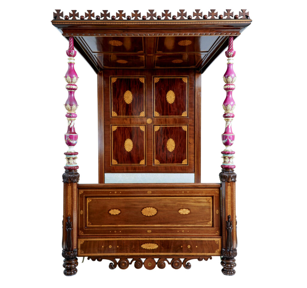 Rare 19th Century Mahogany and Porcelain 4 Poster Bed — image 23