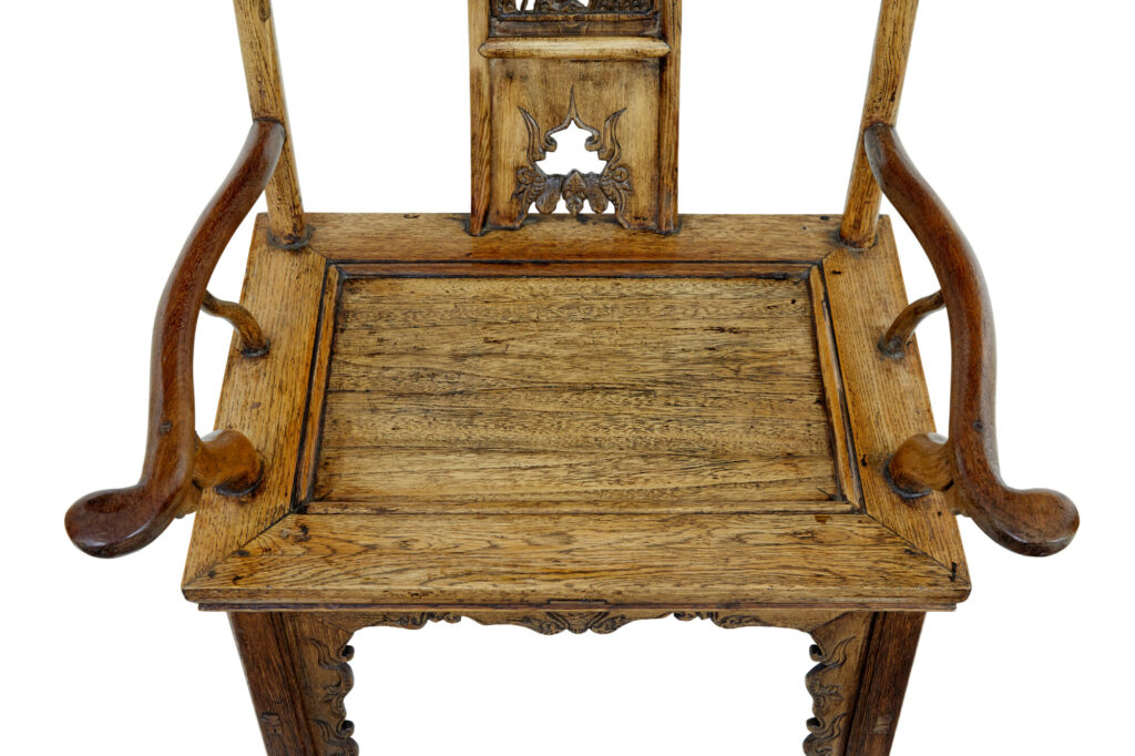 Pair of Mid 19th Century Carved Elm Chinese Yoke Back Armchairs — image 9