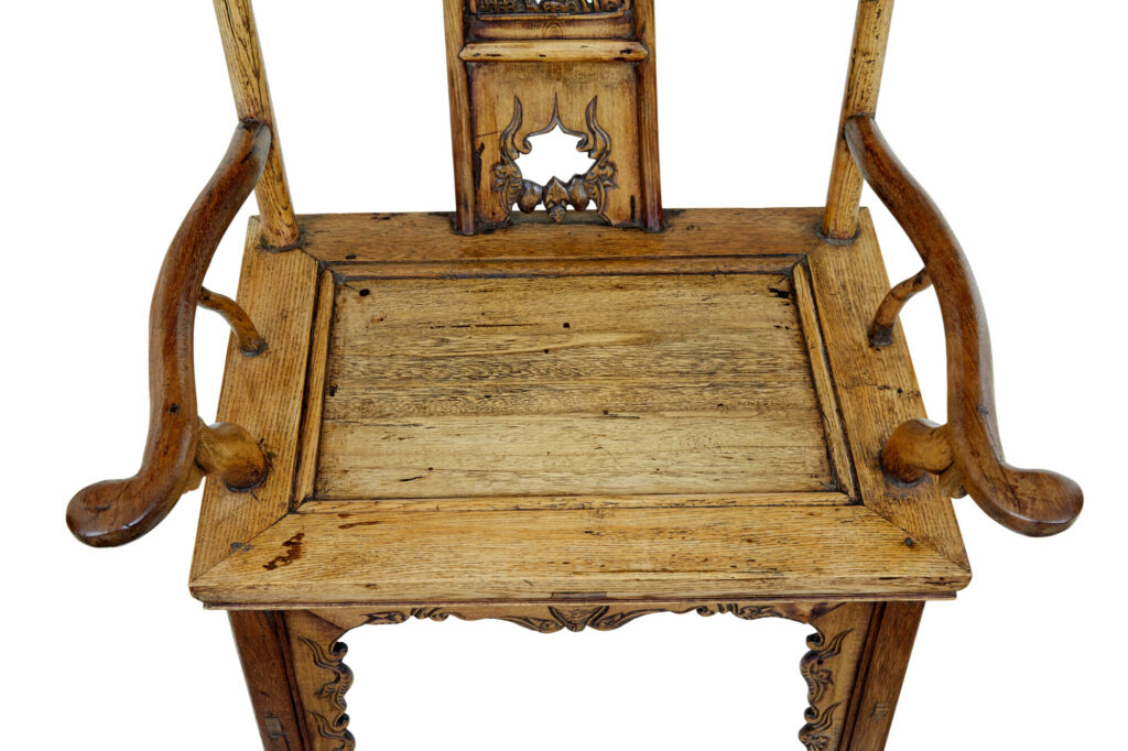 Pair of Mid 19th Century Carved Elm Chinese Yoke Back Armchairs — image 8