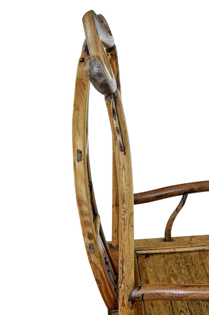 Pair of Mid 19th Century Carved Elm Chinese Yoke Back Armchairs — image 5