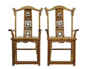PAIR OF MID 19TH CENTURY CARVED ELM CHINESE YOKE BACK ARMCHAIRS