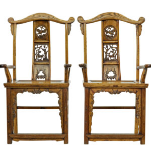 PAIR OF MID 19TH CENTURY CARVED ELM CHINESE YOKE BACK ARMCHAIRS