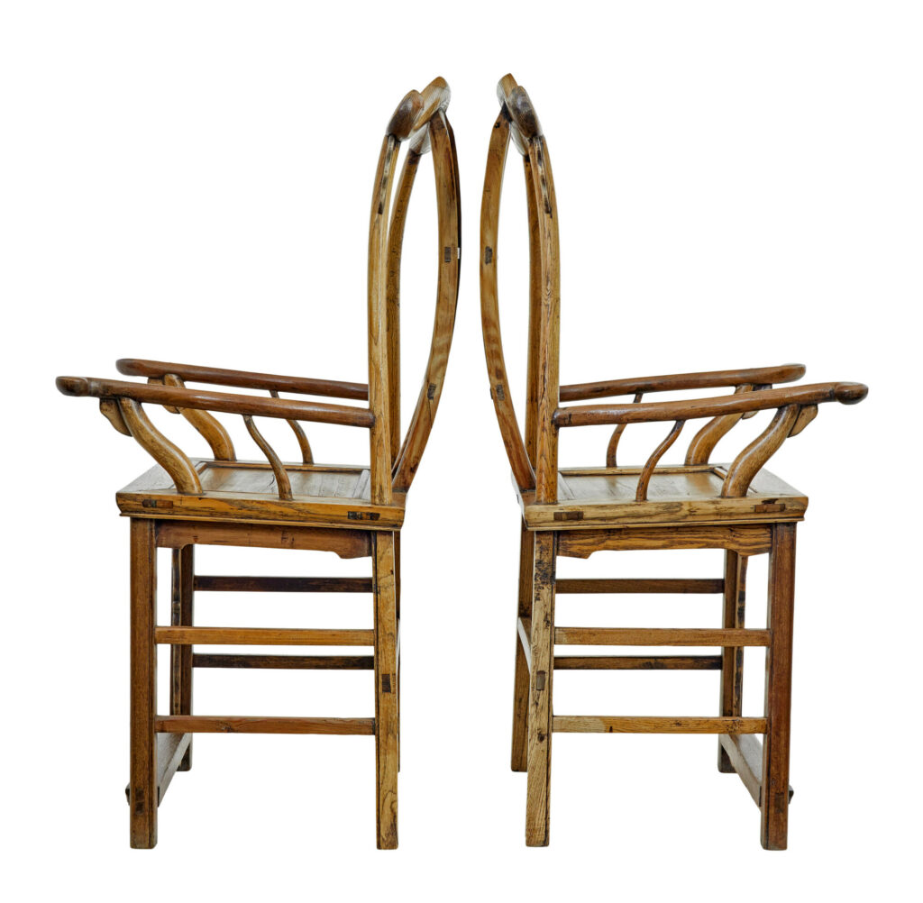 Pair of Mid 19th Century Carved Elm Chinese Yoke Back Armchairs — image 4