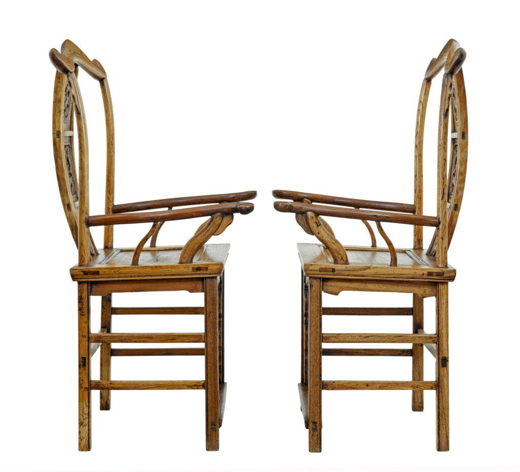 Pair of Mid 19th Century Carved Elm Chinese Yoke Back Armchairs — image 3