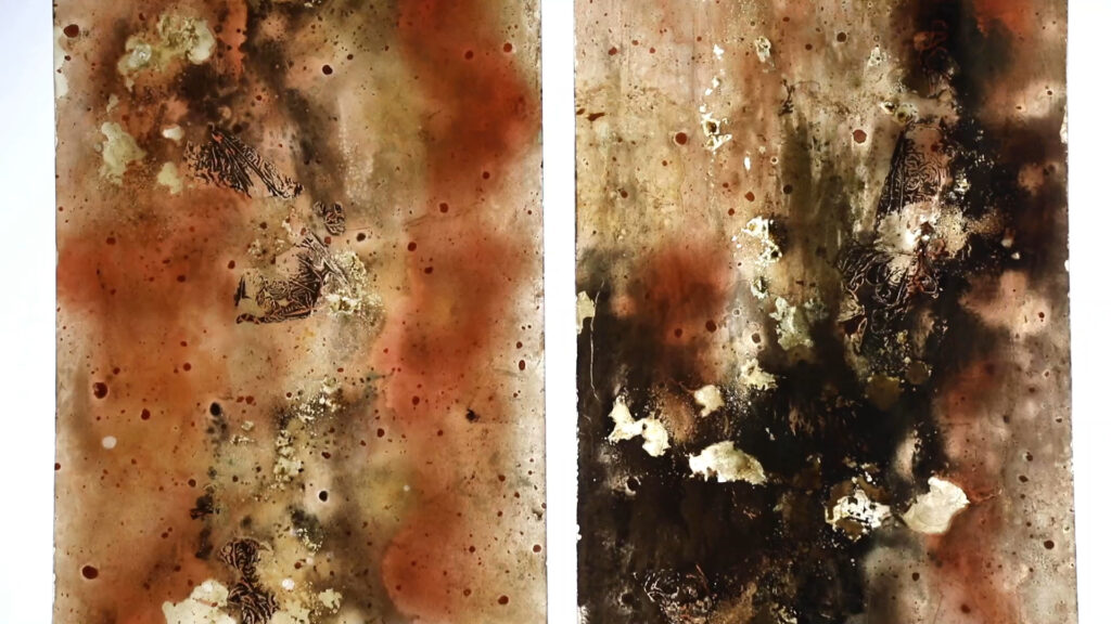 Pair of Large French 1950’s Acrylic Abstract Panels Gold Leaf — image 5
