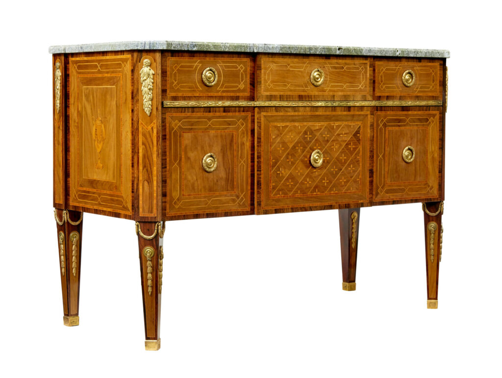 Early 20th Century  Inlaid Walnut Commode with Marble Top