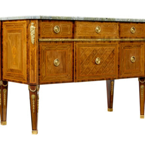 EARLY 20TH CENTURY  INLAID WALNUT COMMODE WITH MARBLE TOP