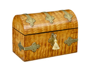 19TH CENTURY VICTORIAN POLLARD OAK AND BRASS DOME TOP STATIONARY BOX