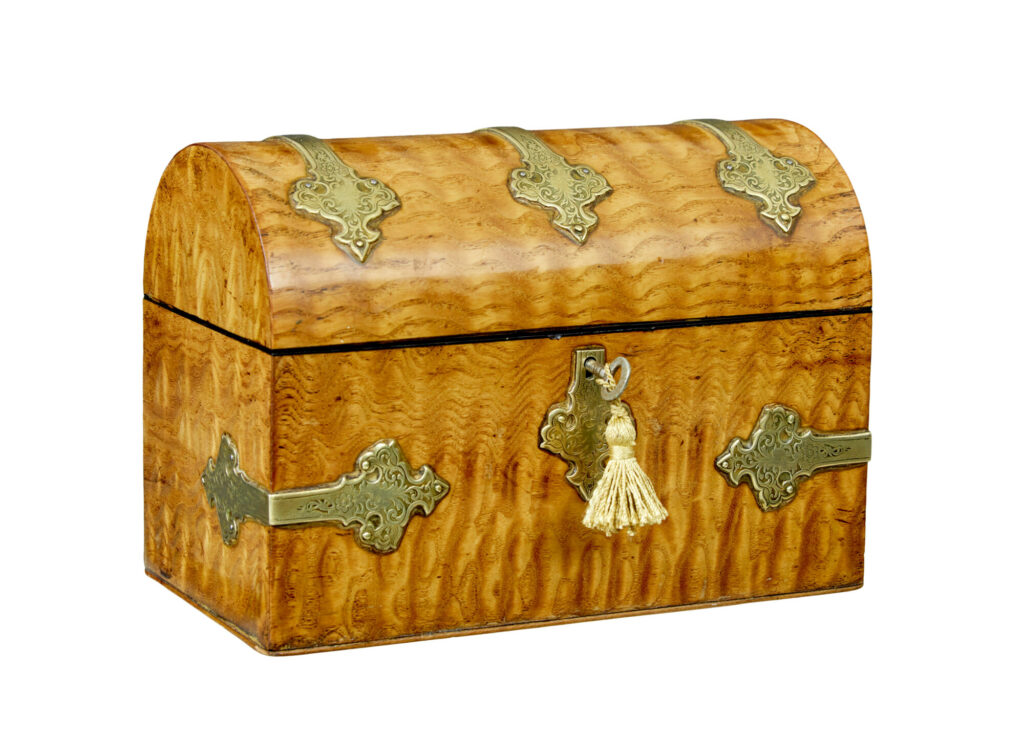 19th Century Victorian Pollard Oak and Brass Dome Top Stationary Box — image 11