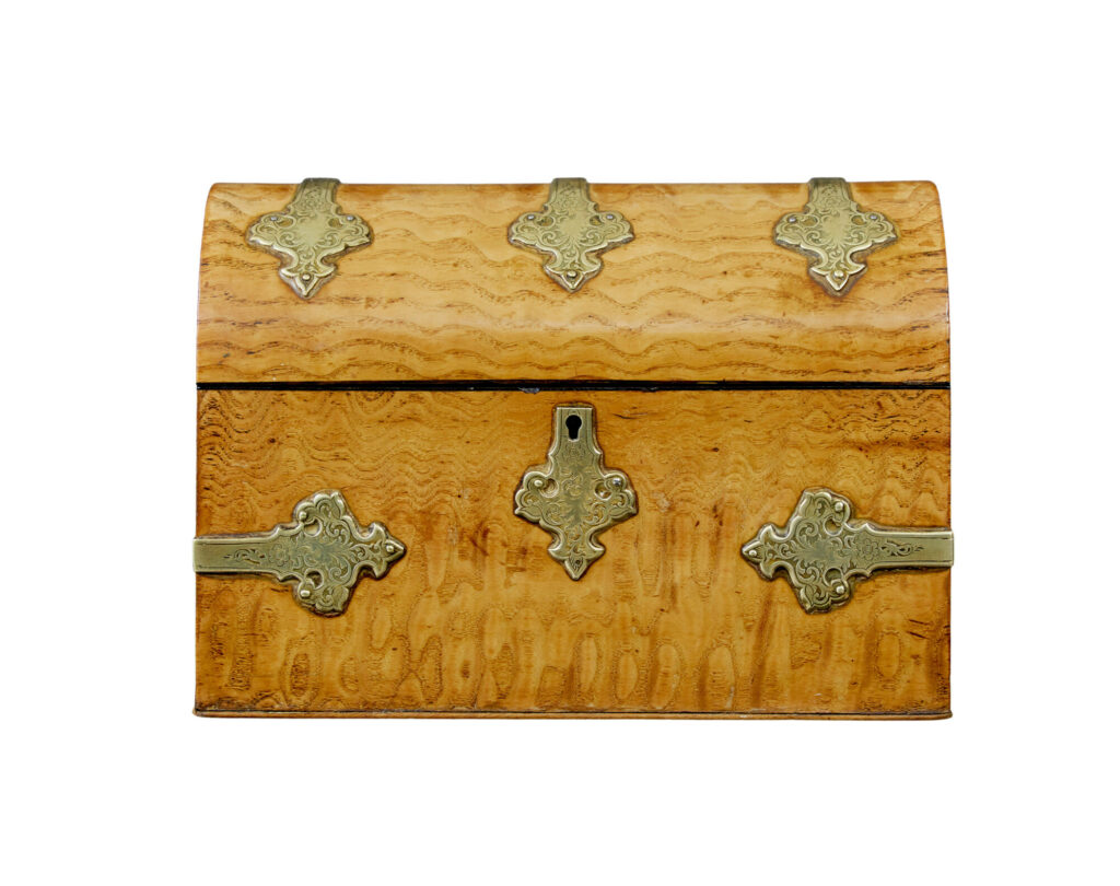 19th Century Victorian Pollard Oak and Brass Dome Top Stationary Box — image 10