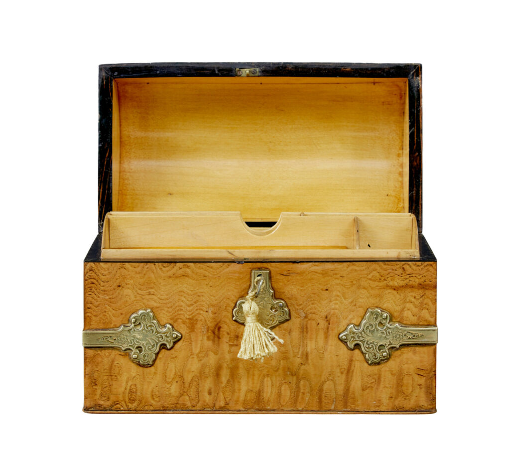 19th Century Victorian Pollard Oak and Brass Dome Top Stationary Box — image 9