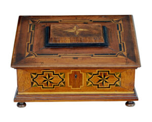 19TH CENTURY MARQUETRY FRUITWOOD DESKTOP BOX