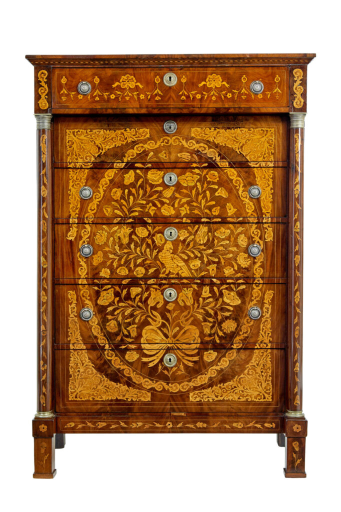 19th Century French Inlaid Mahogany 6 Drawer Inlaid Chest — image 8