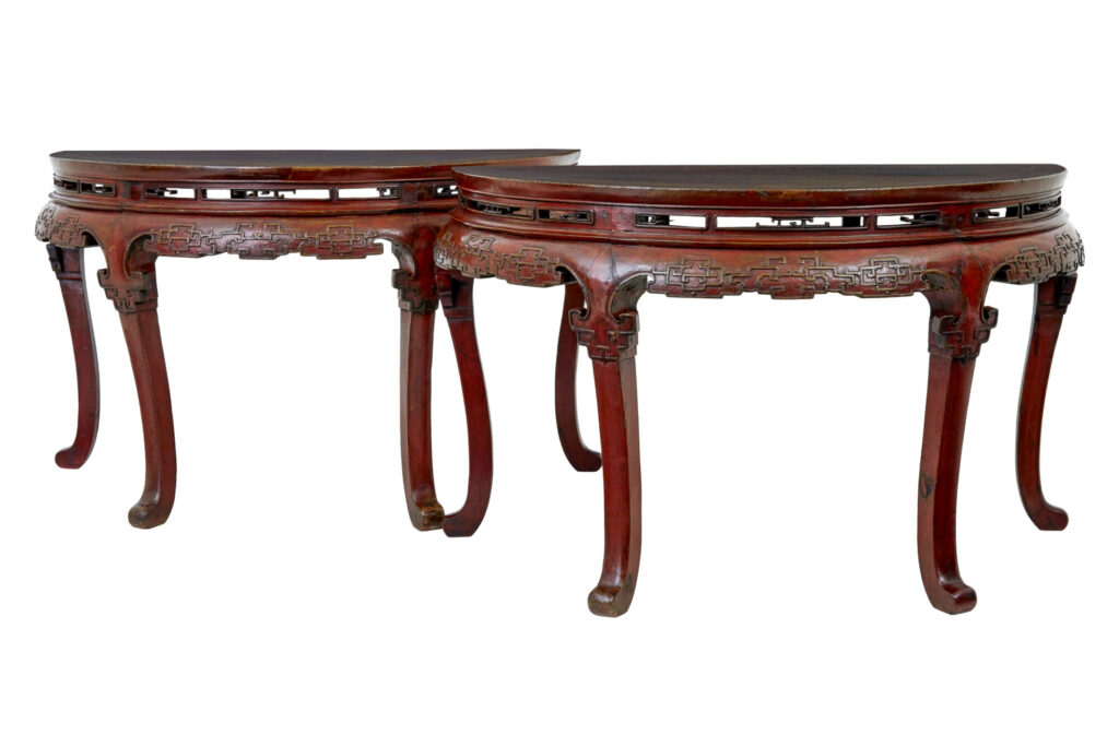 Pair of 19th Century Red Lacquer Chinese Demi Lune Tables — image 8