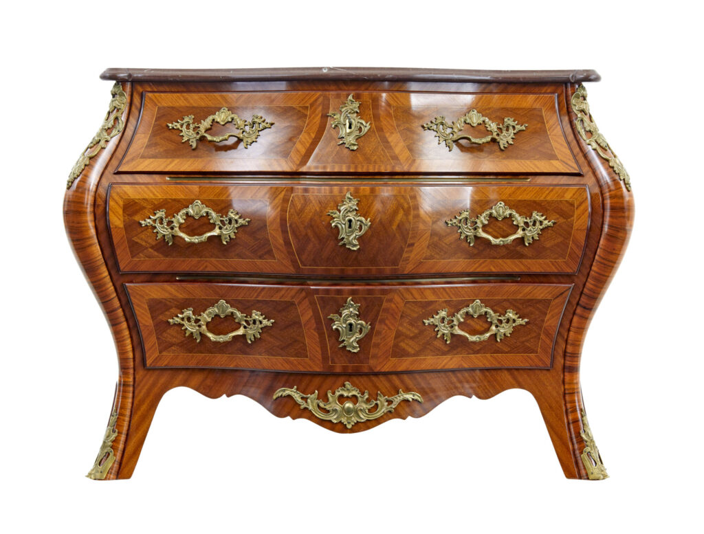 MID CENTURY ROCOCO REVIVAL FOSSIL MARBLE BOMBE COMMODE