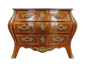 MID CENTURY ROCOCO REVIVAL FOSSIL MARBLE BOMBE COMMODE