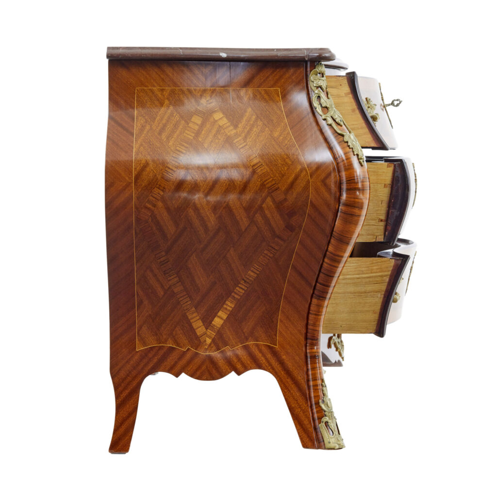 Mid Century Rococo Revival Fossil Marble Bombe Commode — image 8