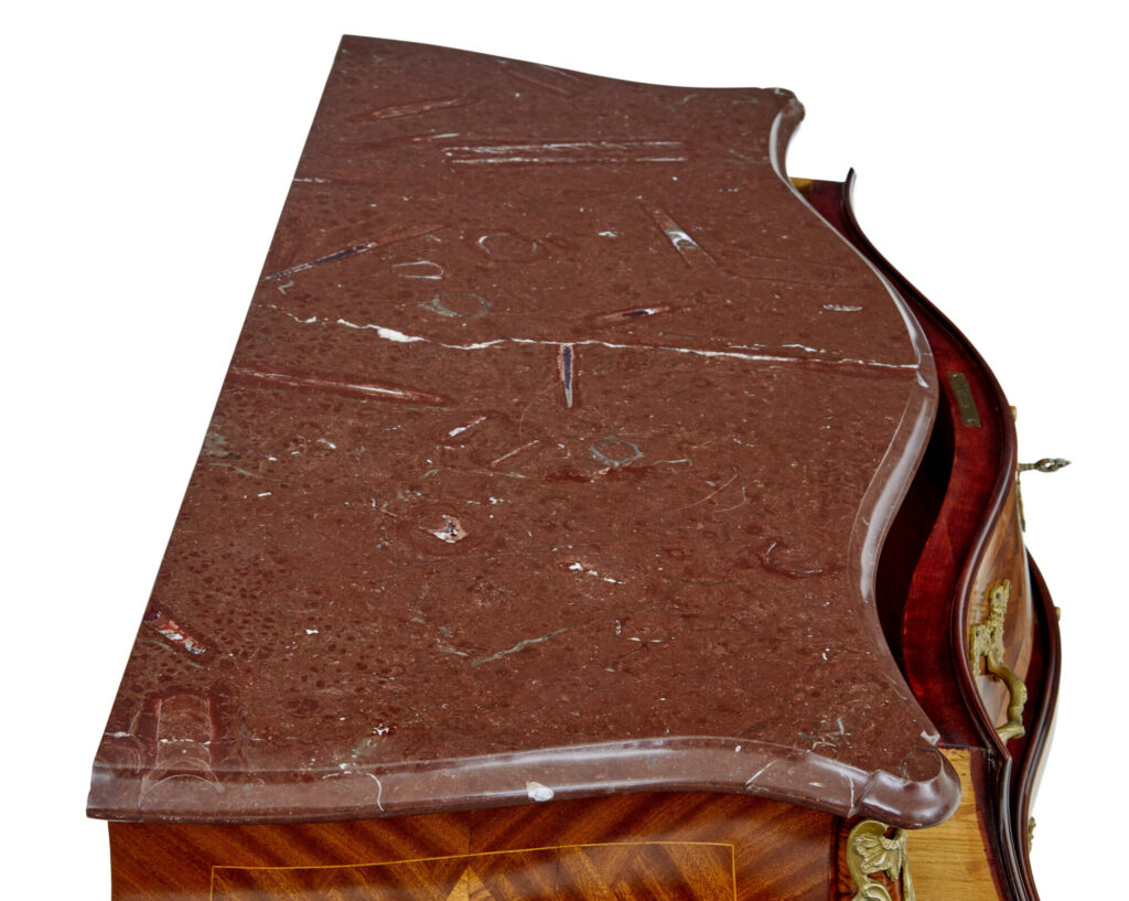 Mid Century Rococo Revival Fossil Marble Bombe Commode — image 5