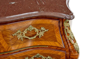 Mid Century Rococo Revival Fossil Marble Bombe Commode — thumbnail 2