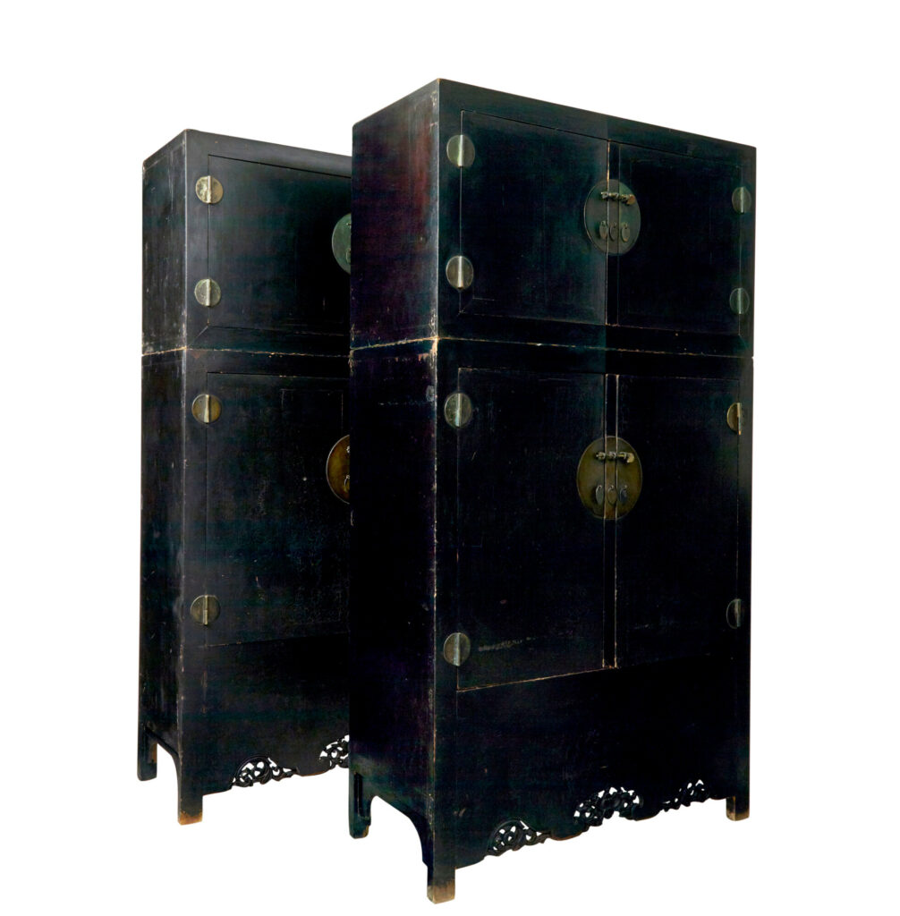 Pair of 19th Century Black Lacquered Chinese Compound Cabinets