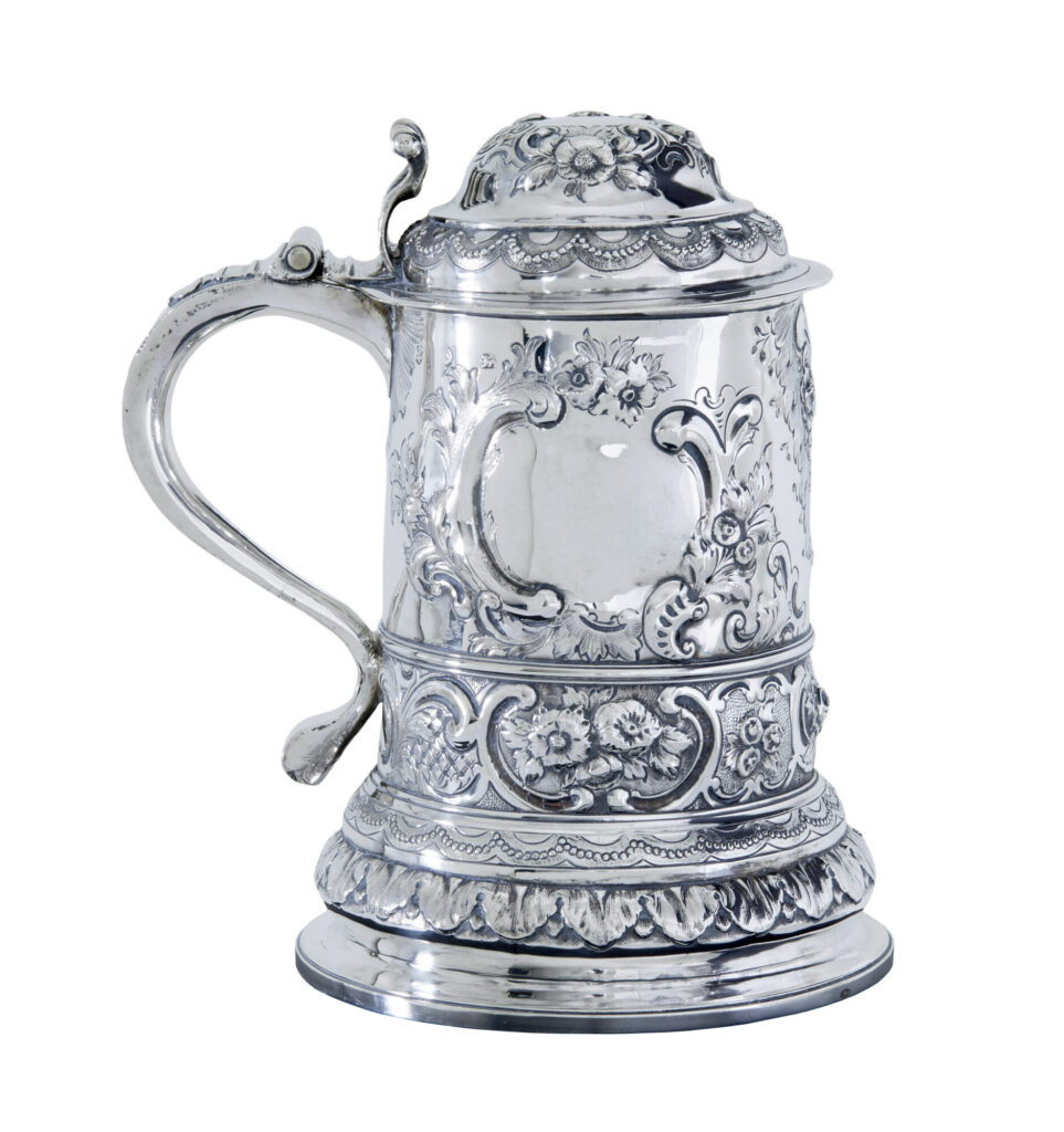 George I Silver Rococo Silver Lidded Tankard by John Penfold