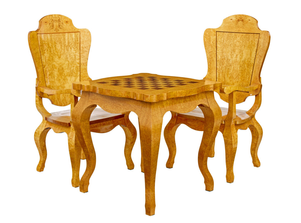 3 PIECE 20TH CENTURY BURR BIRCH GAMES TABLE AND ARMCHAIRS
