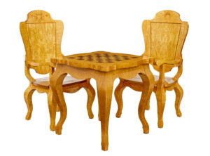 3 Piece 20th Century Burr Birch Games Table and Armchairs — thumbnail 1