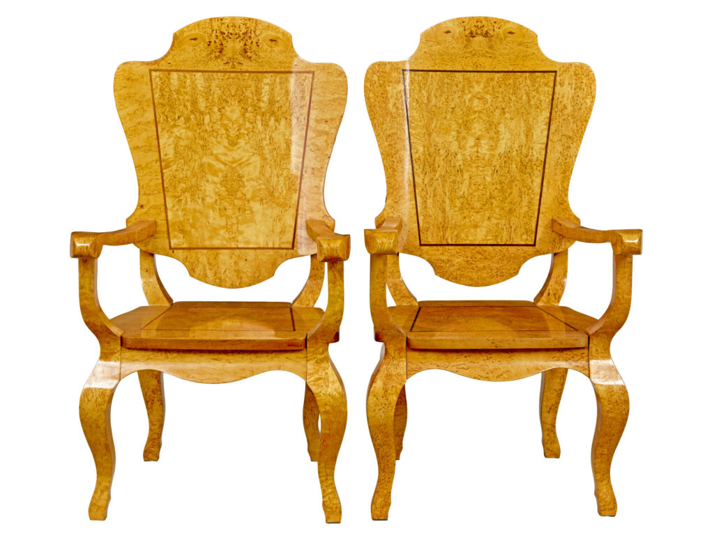 3 Piece 20th Century Burr Birch Games Table and Armchairs — image 9