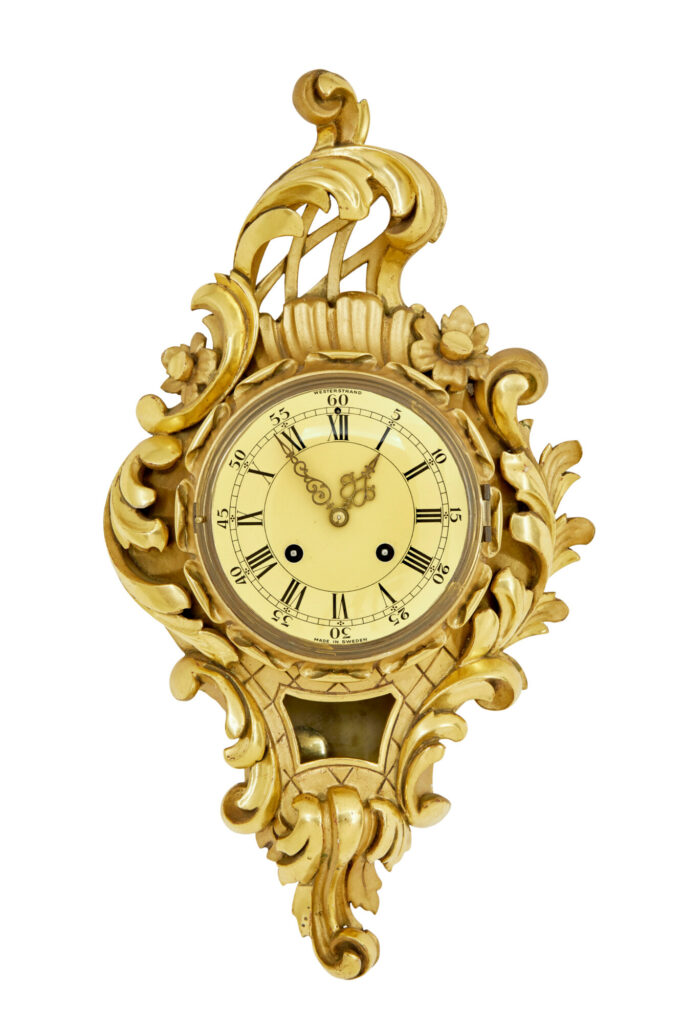 Swedish Mid Century Carved Rococo Revival Gilt Clock