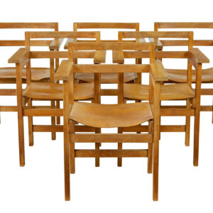 SET OF 6 1960’s SCANDINAVIAN MODERN OAK AND LEATHER ARMCHAIRS