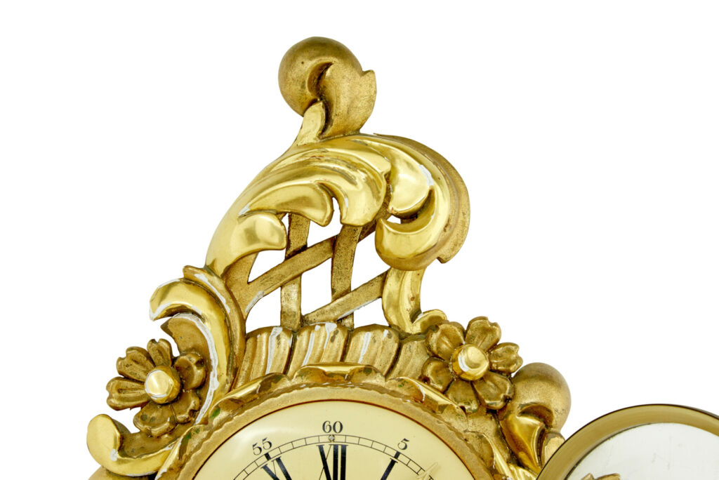 Mid Century Swedish Carved Rococo Revival Gilt Wall Clock — image 3