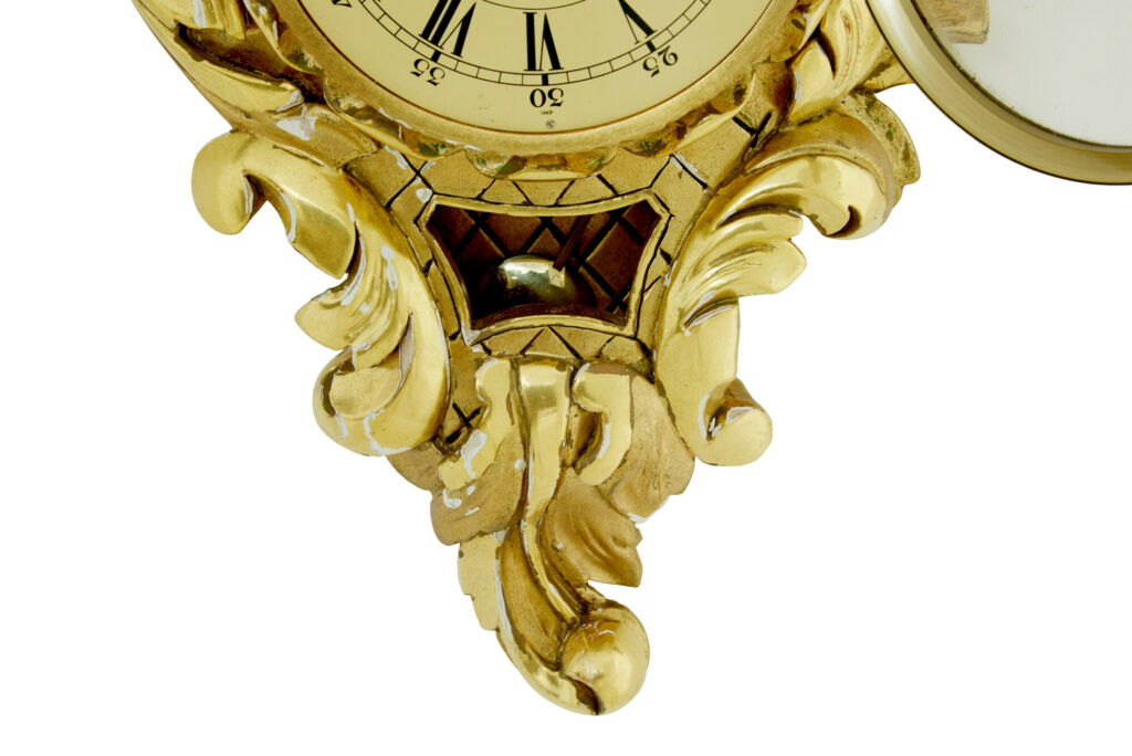 Mid Century Swedish Carved Rococo Revival Gilt Wall Clock — image 2