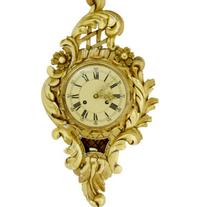 MID CENTURY SWEDISH CARVED ROCOCO REVIVAL GILT WALL CLOCK