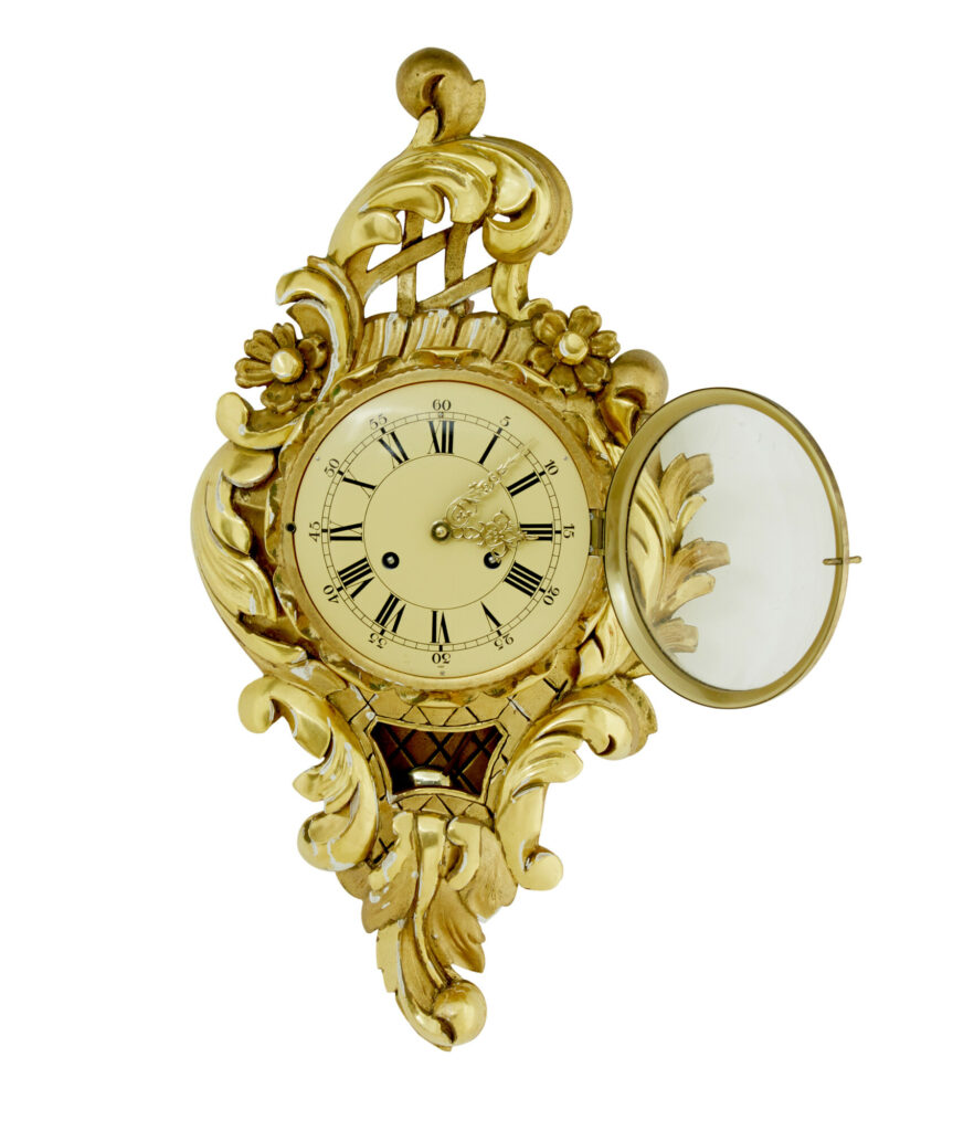 Mid Century Swedish Carved Rococo Revival Gilt Wall Clock — image 5