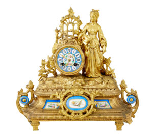 19TH CENTURY FRENCH GILT MANTLE CLOCK WITH SEVRES PLAQUES