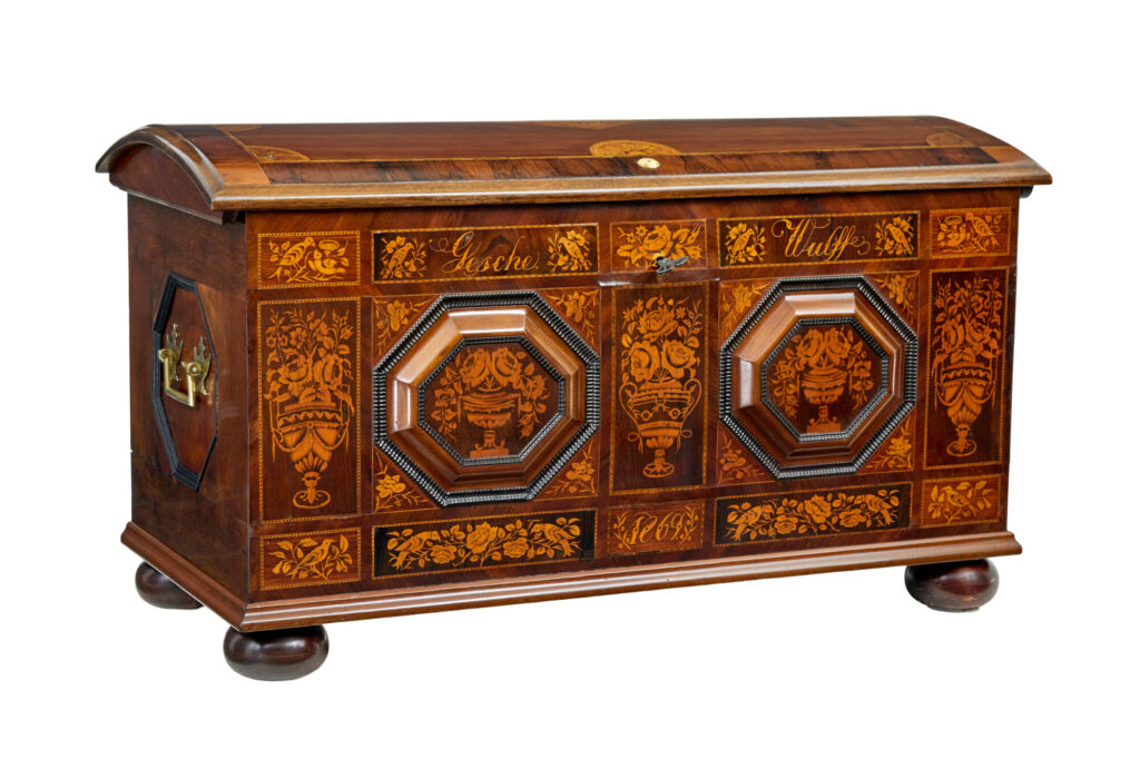 Mid 19th Century Profusely Inlaid Continental Walnut Dome Coffer