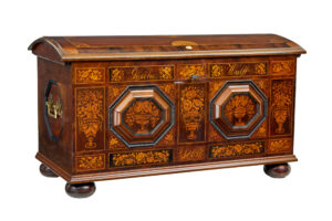 MID 19TH CENTURY PROFUSELY INLAID CONTINENTAL WALNUT DOME COFFER