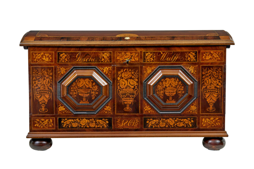 Mid 19th Century Profusely Inlaid Continental Walnut Dome Coffer — image 11