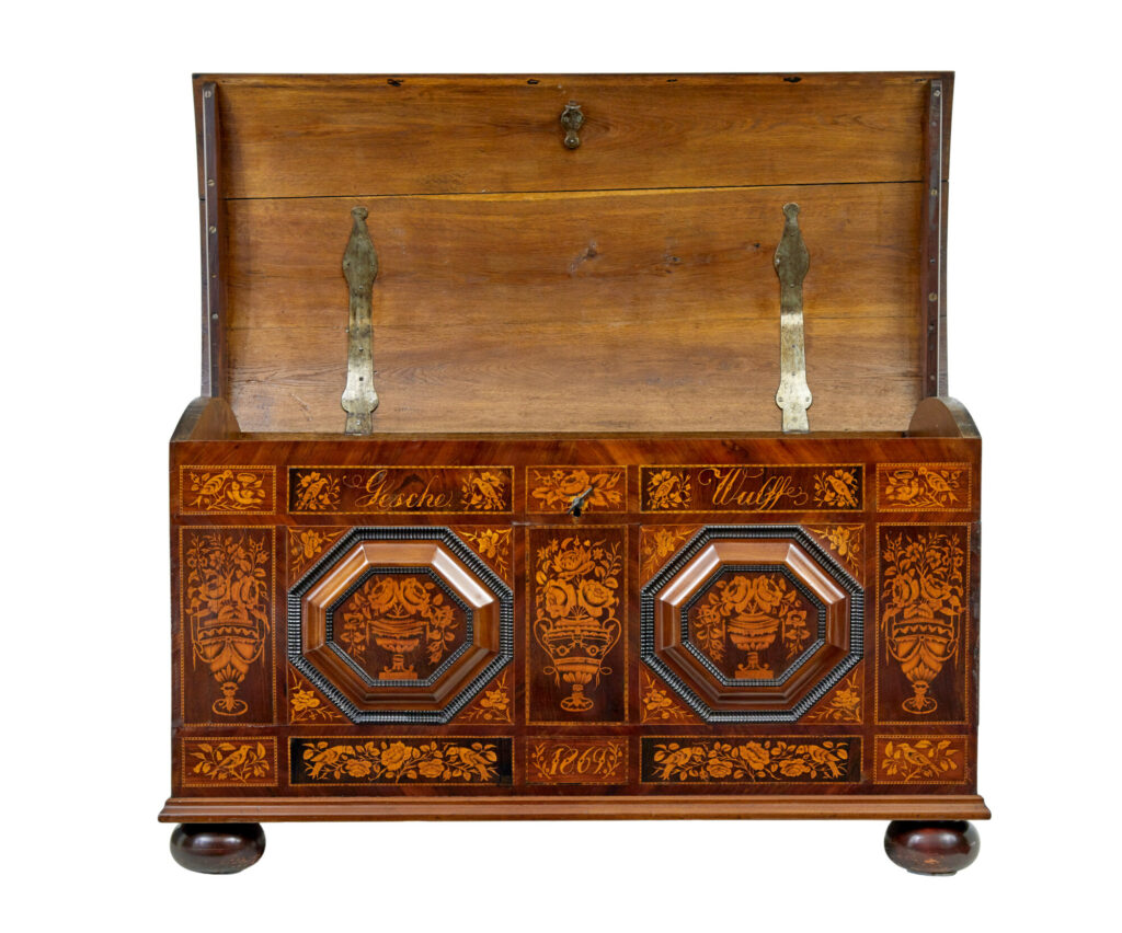 Mid 19th Century Profusely Inlaid Continental Walnut Dome Coffer — image 10
