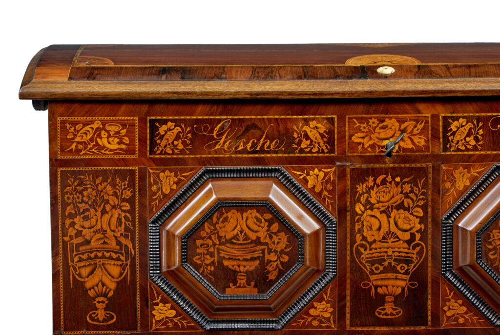 Mid 19th Century Profusely Inlaid Continental Walnut Dome Coffer — image 6