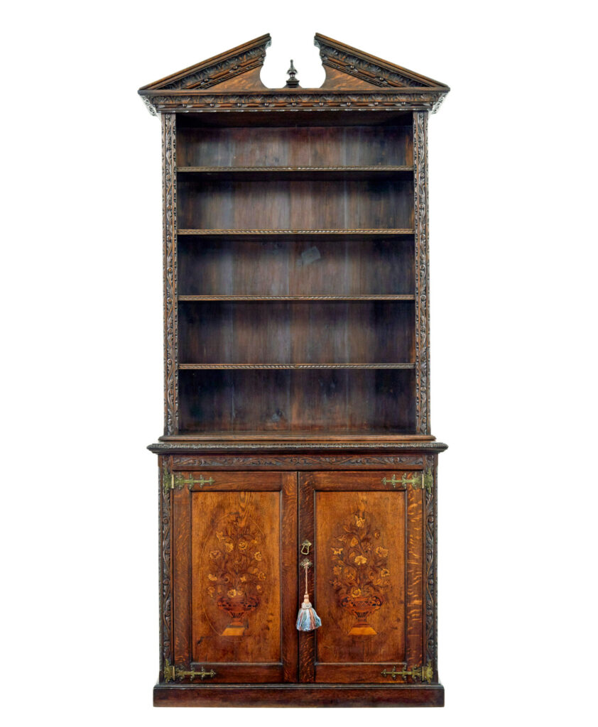 19th Century Inlaid Oak Architectural Cabinet Bookcase