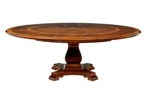 7 FOOT ROUND INLAID JUPE EXTENDING DINING TABLE
