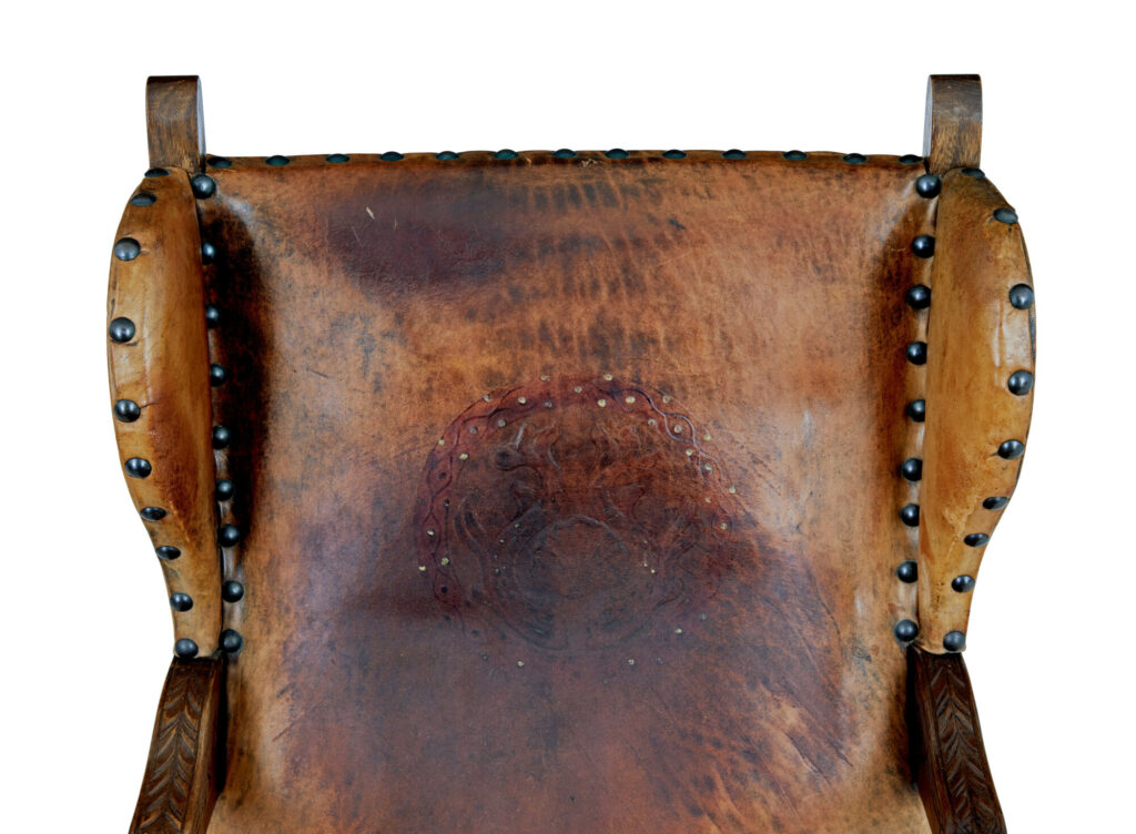 Pair of 19th Century Carved Oak and Leather Armchairs — image 3