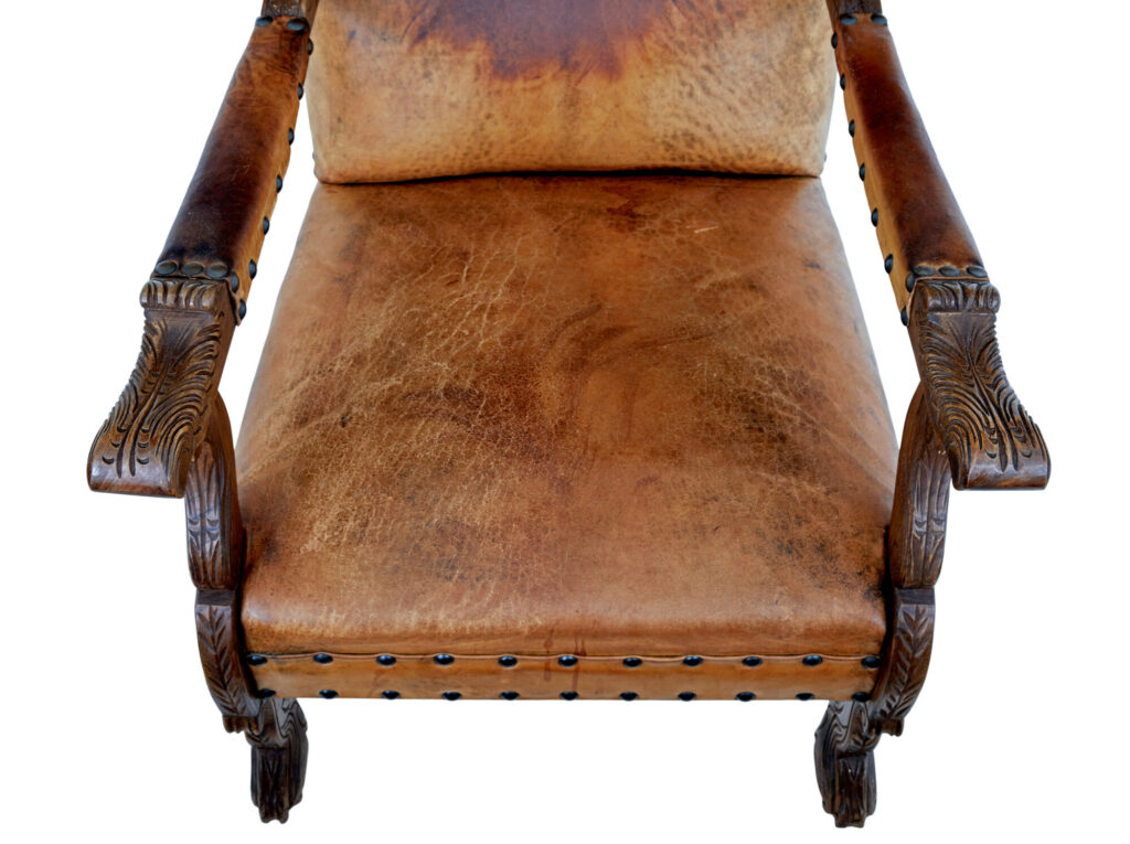 Pair of 19th Century Carved Oak and Leather Armchairs — image 2