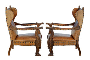 Pair of 19th Century Carved Oak and Leather Armchairs — thumbnail 8
